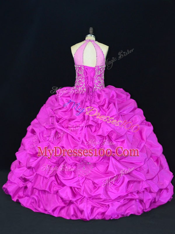 Enchanting Fuchsia Taffeta Lace Up Quince Ball Gowns Sleeveless Floor Length Beading and Appliques and Pick Ups