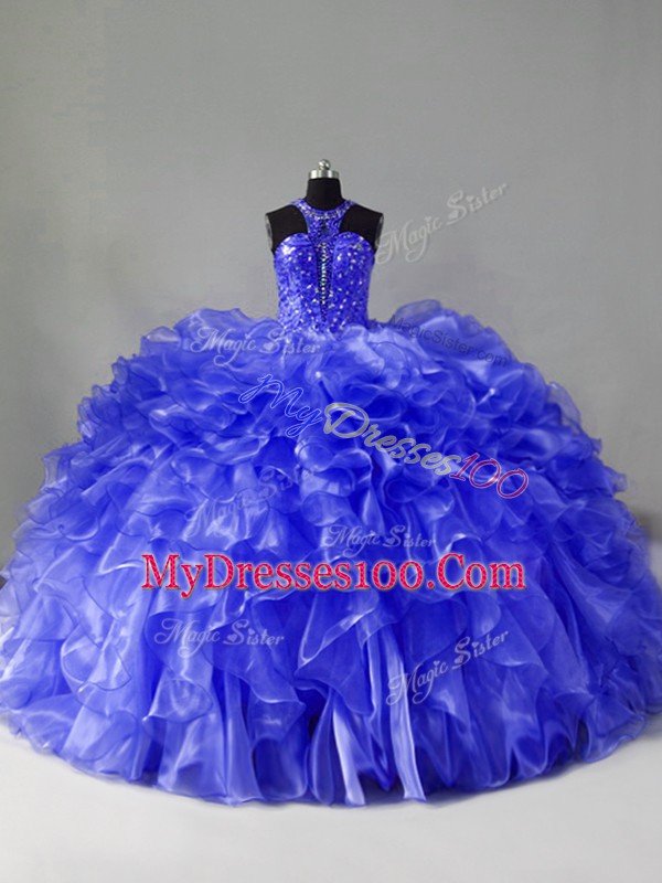 Custom Designed Blue Ball Gowns Organza Halter Top Sleeveless Beading and Ruffles Zipper 15 Quinceanera Dress Brush Train
