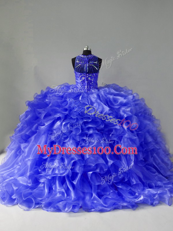 Custom Designed Blue Ball Gowns Organza Halter Top Sleeveless Beading and Ruffles Zipper 15 Quinceanera Dress Brush Train