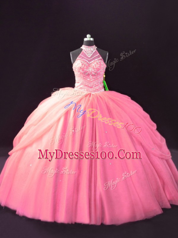 Inexpensive Pink Halter Top Lace Up Beading and Pick Ups 15 Quinceanera Dress Sleeveless