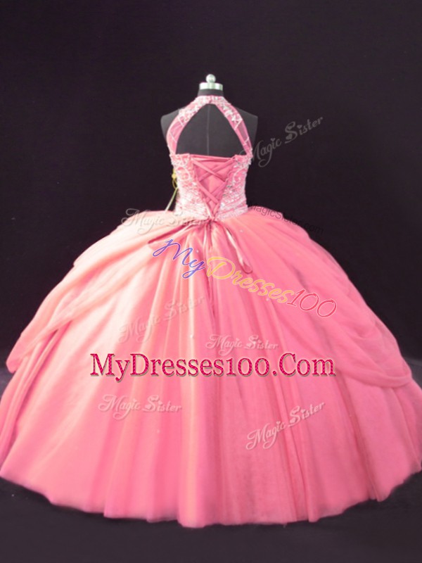 Inexpensive Pink Halter Top Lace Up Beading and Pick Ups 15 Quinceanera Dress Sleeveless
