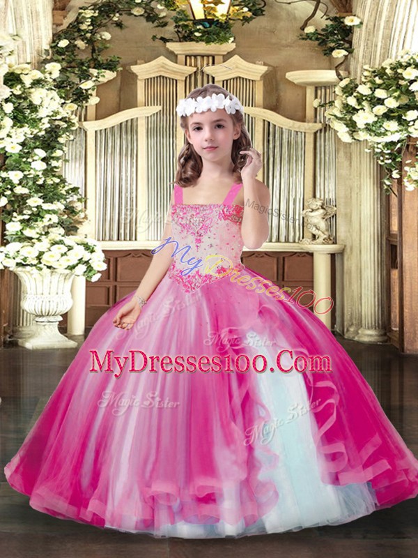 Straps Sleeveless Tulle Girls Pageant Dresses Beading Lace Up