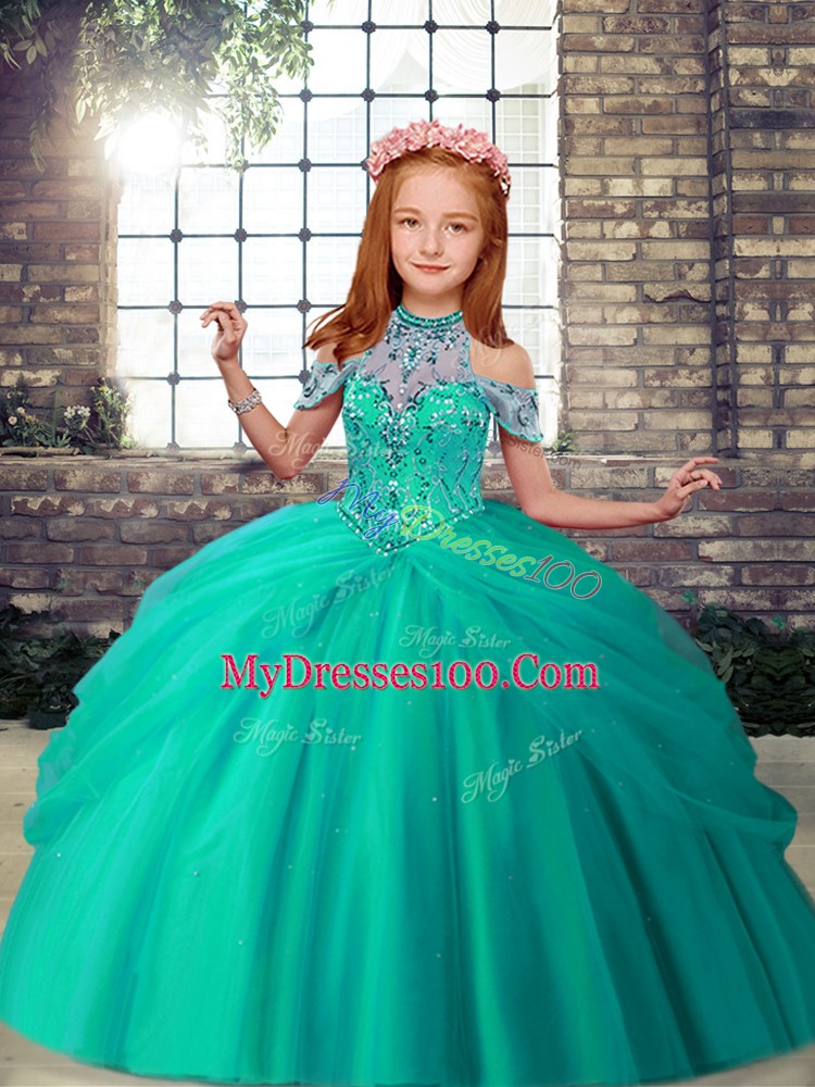 Turquoise Ball Gowns High-neck Sleeveless Tulle Floor Length Lace Up Beading Child Pageant Dress