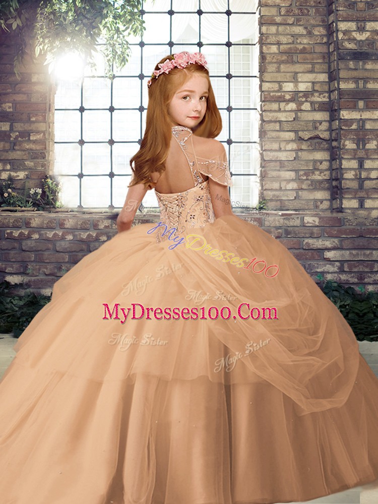 Turquoise Ball Gowns High-neck Sleeveless Tulle Floor Length Lace Up Beading Child Pageant Dress
