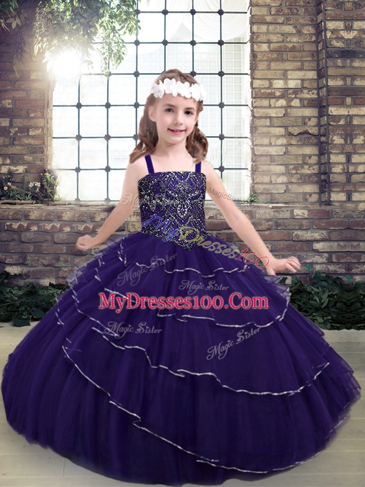 Floor Length Lace Up Pageant Dress Toddler Purple for Party and Military Ball and Wedding Party with Beading