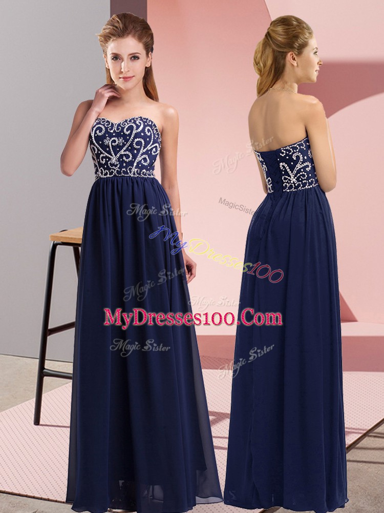 Stunning Sweetheart Sleeveless Prom Party Dress Floor Length Beading Navy Blue Chiffon