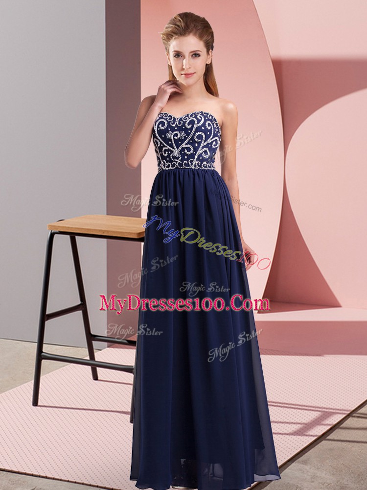 Stunning Sweetheart Sleeveless Prom Party Dress Floor Length Beading Navy Blue Chiffon