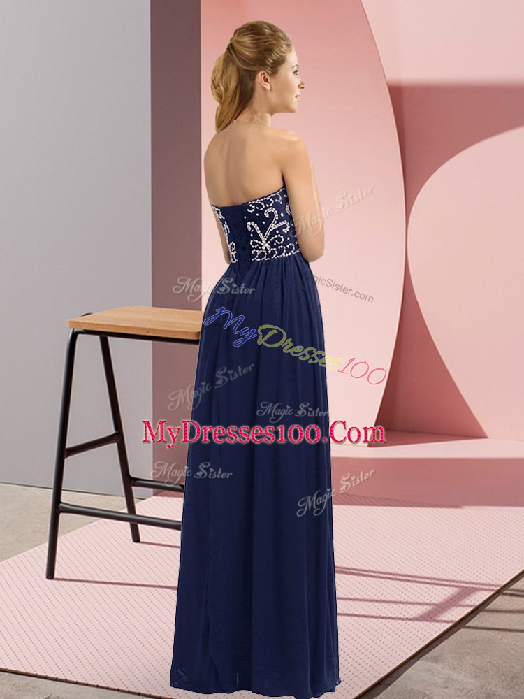 Stunning Sweetheart Sleeveless Prom Party Dress Floor Length Beading Navy Blue Chiffon