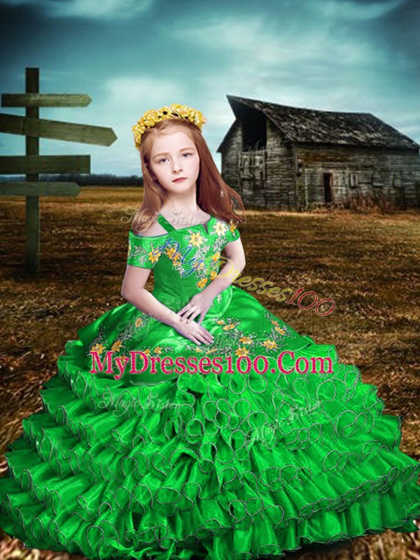 Floor Length Green Pageant Gowns For Girls Organza Short Sleeves Embroidery and Ruffled Layers