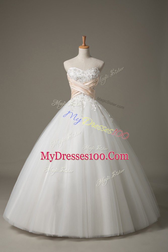 Dynamic White Tulle Lace Up Sweetheart Sleeveless Floor Length Wedding Gown Beading and Lace