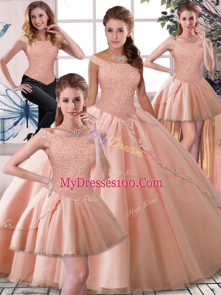 Most Popular Peach Tulle Lace Up Sweet 16 Quinceanera Dress Sleeveless Brush Train Beading