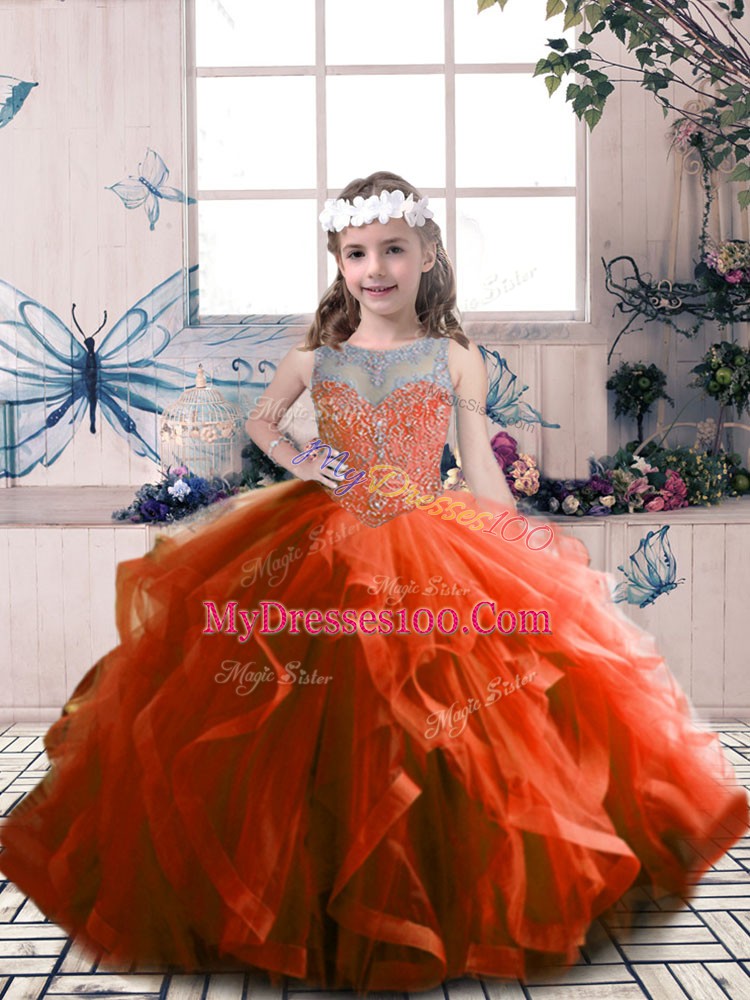 Sleeveless Floor Length Beading Lace Up Pageant Dress Wholesale with Rust Red