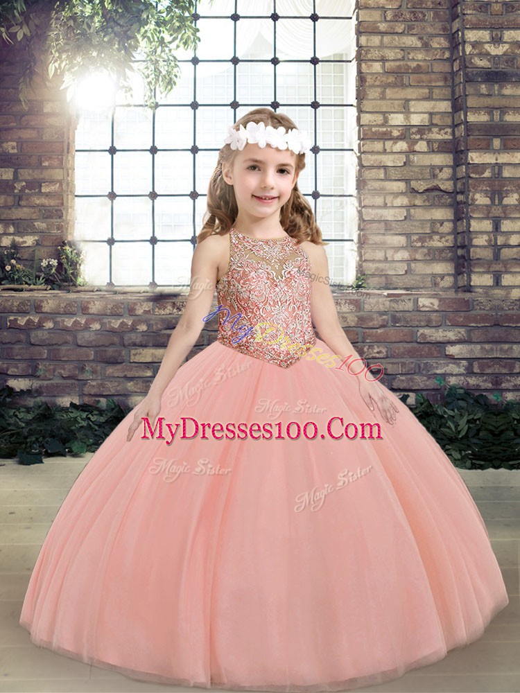 Sweet Scoop Sleeveless Lace Up Pageant Dress Womens Peach Tulle