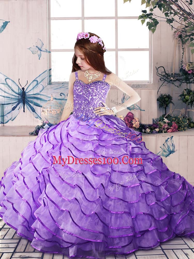 New Style Sleeveless Beading and Ruffled Layers Lace Up Little Girl Pageant Dress with Lavender Brush Train