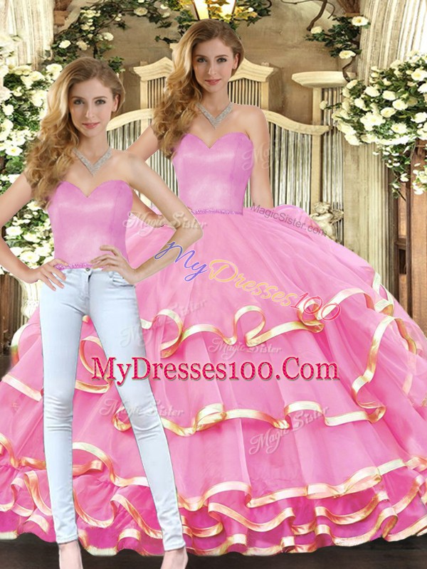 Rose Pink Sweet 16 Quinceanera Dress Military Ball and Sweet 16 and Quinceanera with Ruffled Layers Sweetheart Sleeveless Lace Up