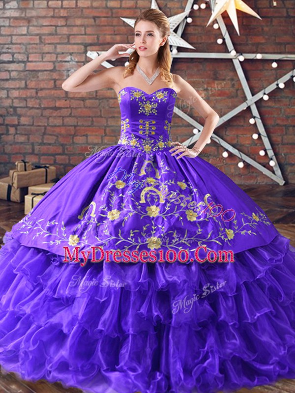 Sophisticated Purple Ball Gowns Sweetheart Sleeveless Satin and Organza Floor Length Lace Up Embroidery and Ruffled Layers Sweet 16 Dress