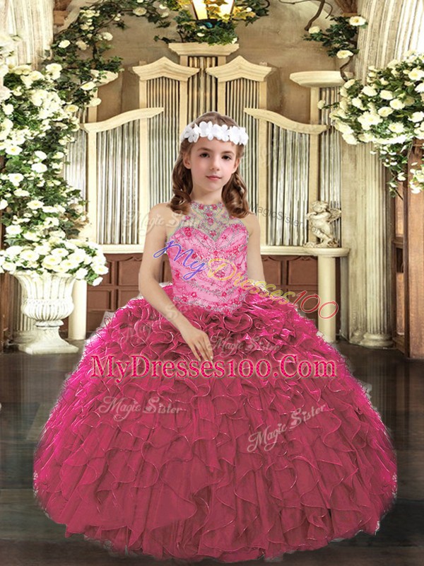 Custom Fit Hot Pink Little Girls Pageant Dress Prom and Sweet 16 and Wedding Party with Beading and Ruffles Halter Top Sleeveless Lace Up