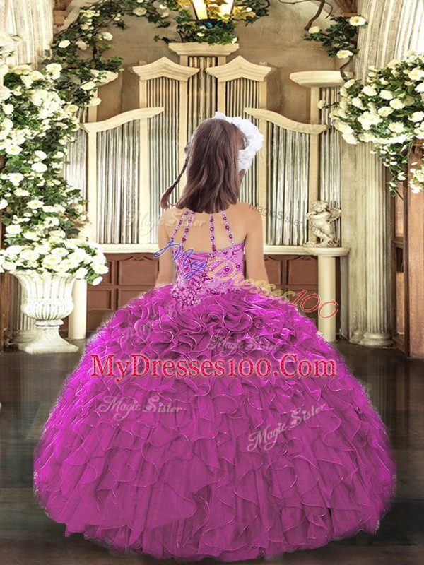 Custom Fit Hot Pink Little Girls Pageant Dress Prom and Sweet 16 and Wedding Party with Beading and Ruffles Halter Top Sleeveless Lace Up