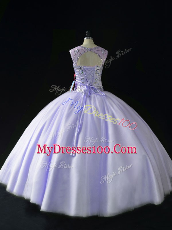 Lavender Ball Gowns Tulle Scoop Sleeveless Beading Floor Length Lace Up 15th Birthday Dress