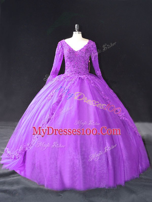 Luxurious Purple V-neck Neckline Lace and Appliques Quince Ball Gowns Long Sleeves Lace Up
