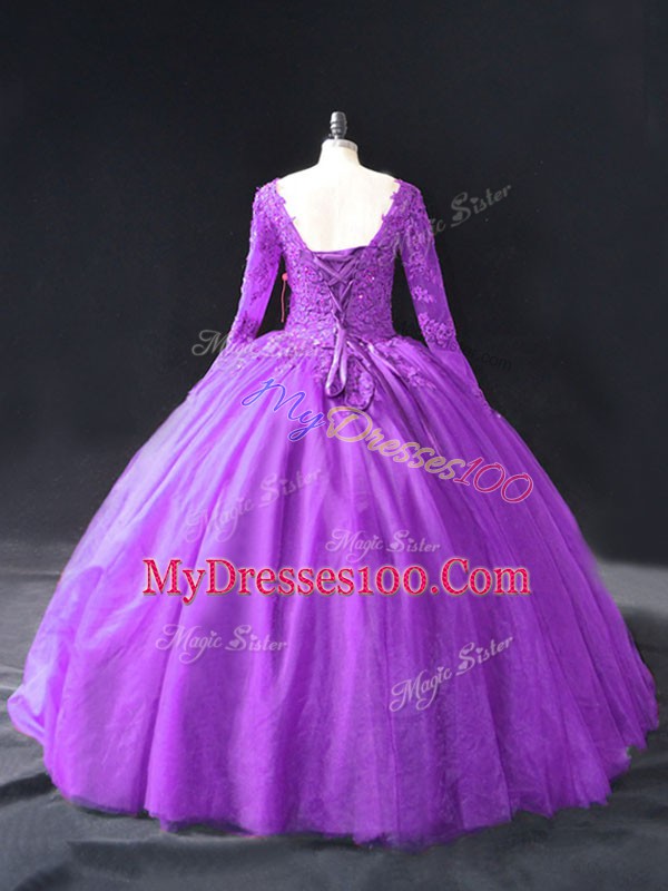 Luxurious Purple V-neck Neckline Lace and Appliques Quince Ball Gowns Long Sleeves Lace Up