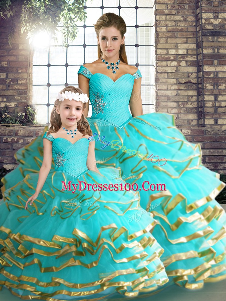 Aqua Blue Ball Gowns Beading and Ruffled Layers Ball Gown Prom Dress Lace Up Tulle Sleeveless Floor Length