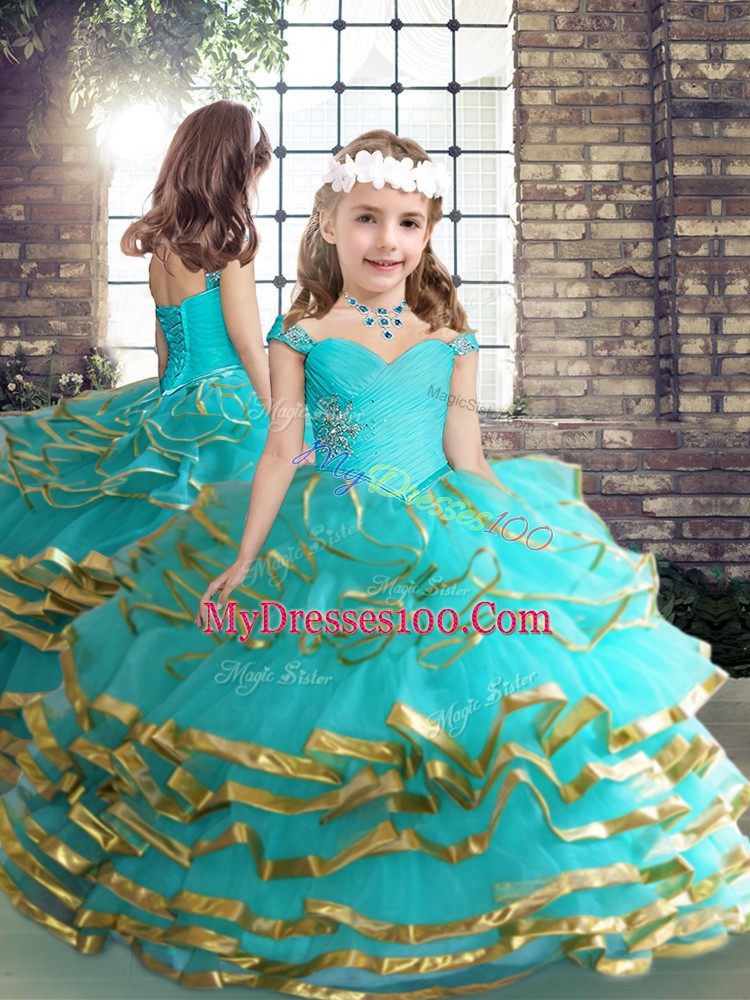 Aqua Blue Ball Gowns Beading and Ruffled Layers Ball Gown Prom Dress Lace Up Tulle Sleeveless Floor Length