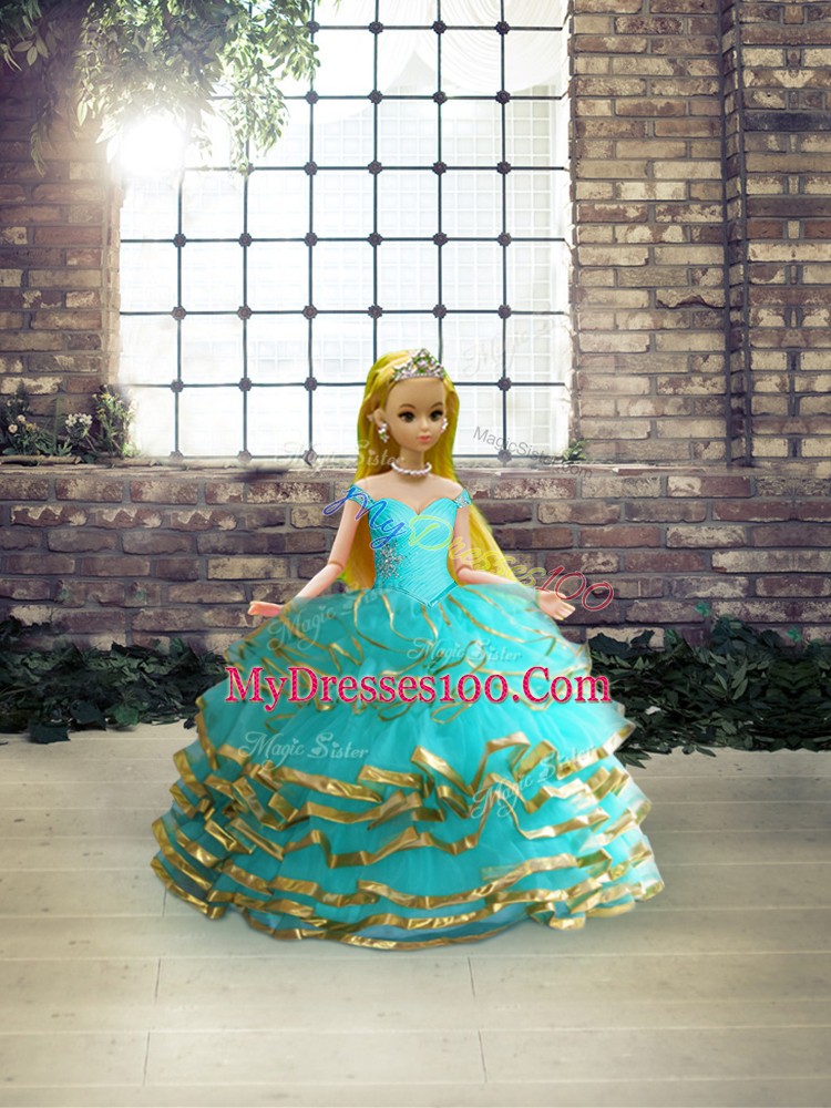 Aqua Blue Ball Gowns Beading and Ruffled Layers Ball Gown Prom Dress Lace Up Tulle Sleeveless Floor Length