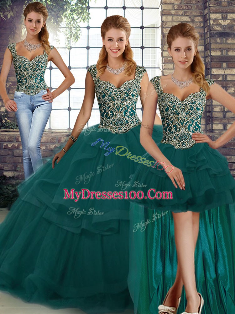 Flare Straps Sleeveless Lace Up Quinceanera Gowns Peacock Green Tulle