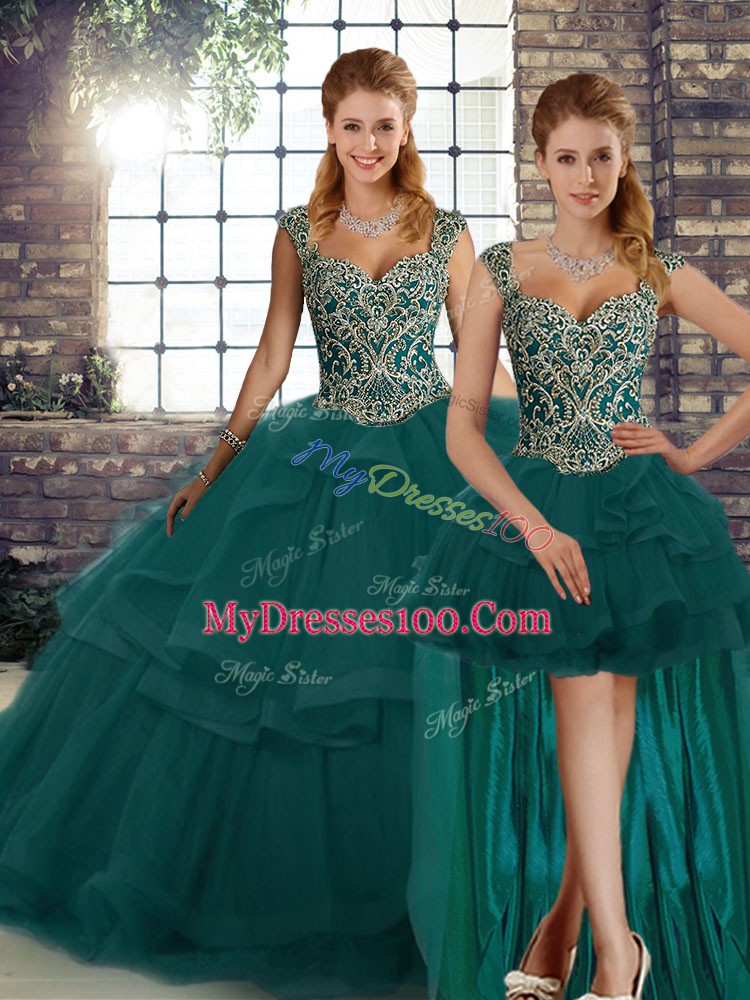 Flare Straps Sleeveless Lace Up Quinceanera Gowns Peacock Green Tulle