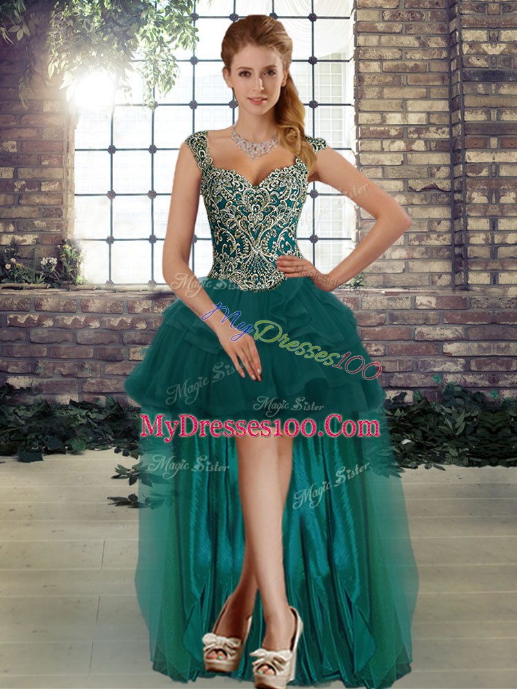 Flare Straps Sleeveless Lace Up Quinceanera Gowns Peacock Green Tulle