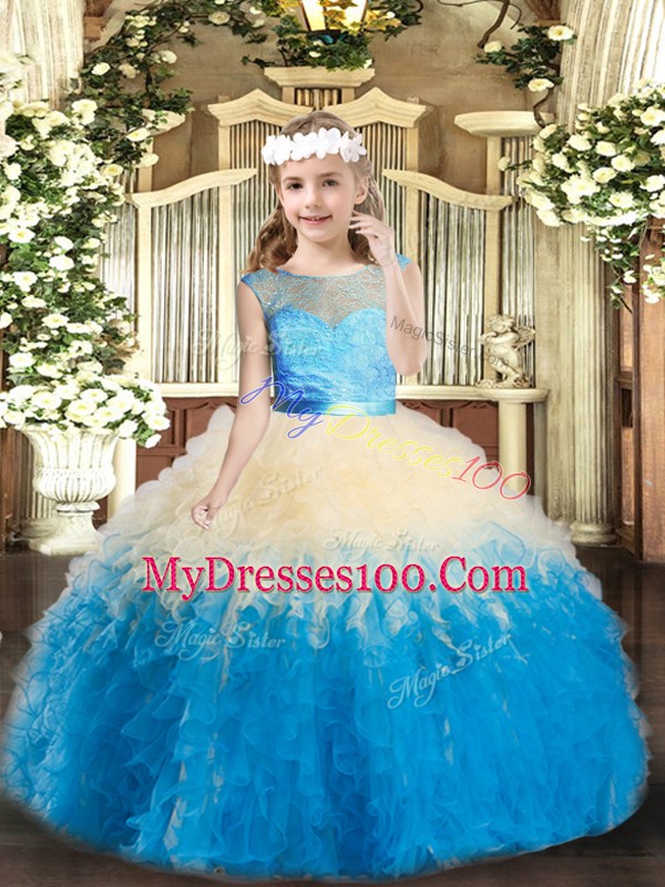 Sleeveless Backless Floor Length Lace and Ruffles Little Girl Pageant Gowns