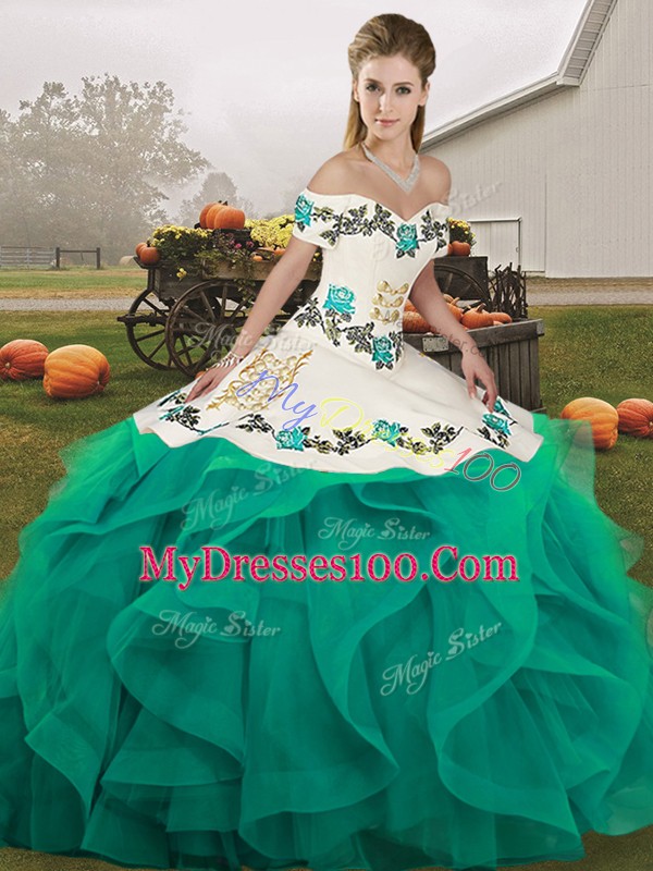 Cute Off The Shoulder Sleeveless Lace Up 15th Birthday Dress Turquoise Tulle