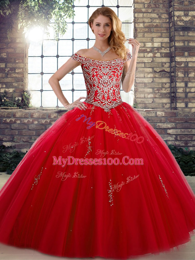 Fine Red Quince Ball Gowns Military Ball and Sweet 16 and Quinceanera with Beading Off The Shoulder Sleeveless Lace Up
