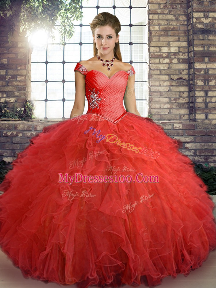 Popular Orange Red Sleeveless Floor Length Beading and Ruffles Lace Up Quinceanera Gowns