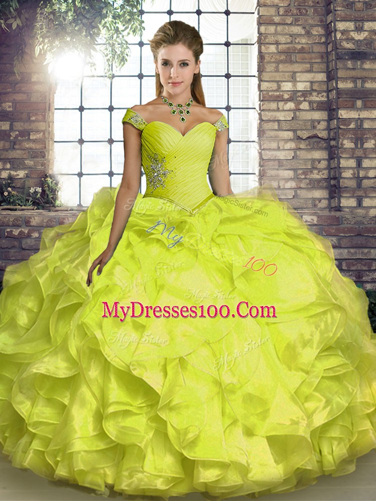 Sleeveless Organza Floor Length Lace Up Quince Ball Gowns in Yellow with Beading and Ruffles