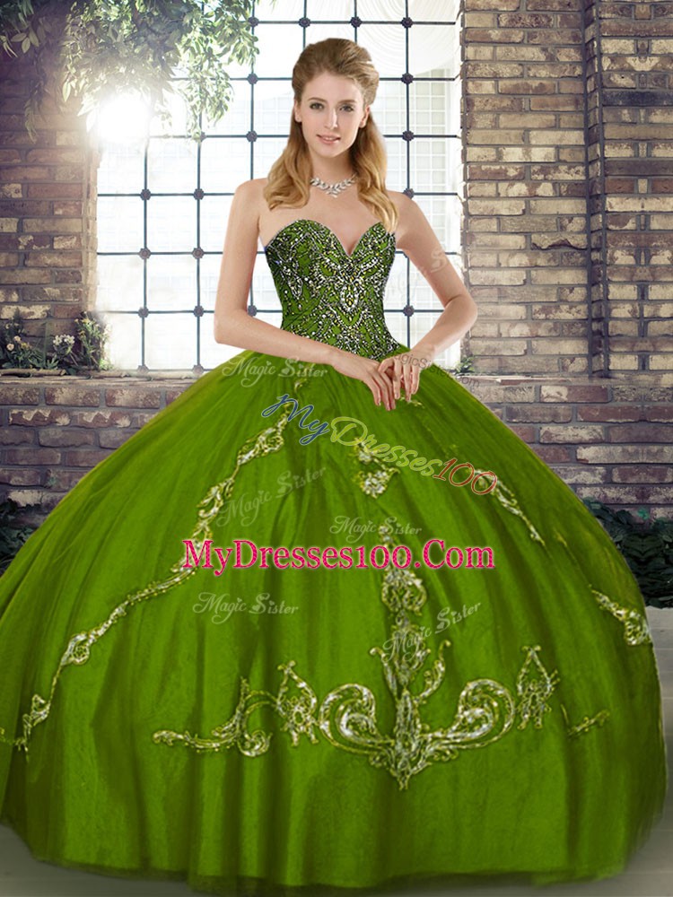 Discount Olive Green Sleeveless Beading and Embroidery Floor Length Quince Ball Gowns