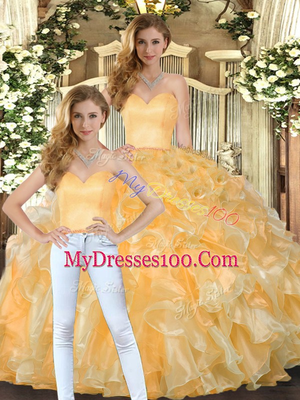 Gold Organza Lace Up Ball Gown Prom Dress Sleeveless Floor Length Beading and Ruffles