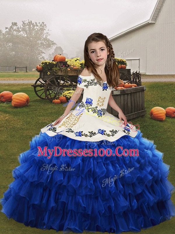 Latest Blue Straps Lace Up Embroidery and Ruffled Layers Kids Pageant Dress Sleeveless