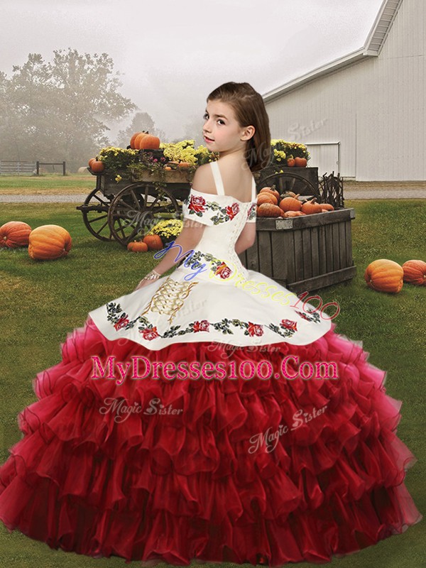 Latest Blue Straps Lace Up Embroidery and Ruffled Layers Kids Pageant Dress Sleeveless