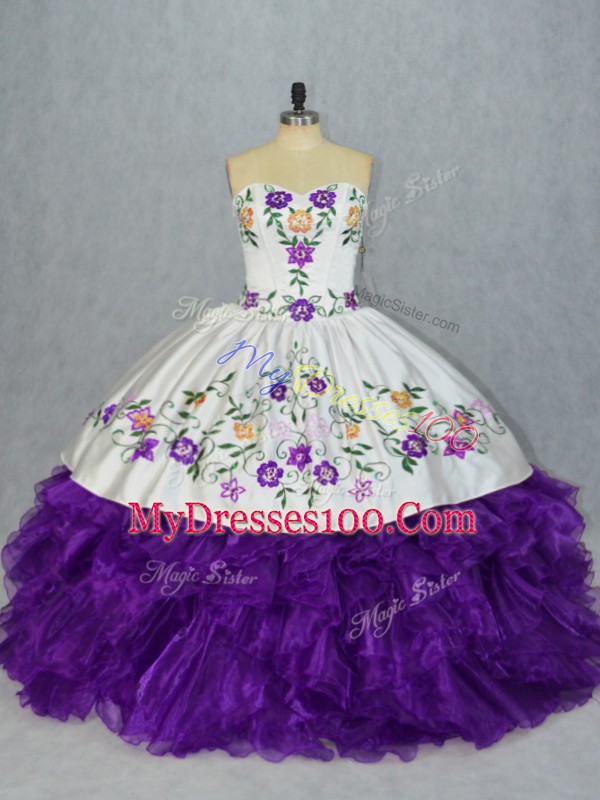 Amazing Ball Gowns Quince Ball Gowns White And Purple Sweetheart Organza Sleeveless Floor Length Lace Up