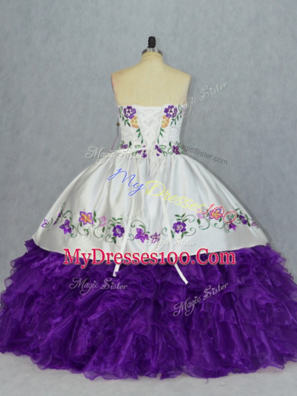 Amazing Ball Gowns Quince Ball Gowns White And Purple Sweetheart Organza Sleeveless Floor Length Lace Up
