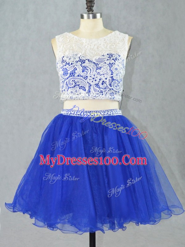 Vintage Royal Blue Zipper Scoop Lace and Appliques Prom Gown Organza Sleeveless