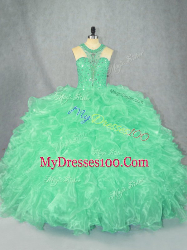 Luxurious Scoop Sleeveless Quinceanera Gowns Floor Length Beading and Ruffles Apple Green Organza