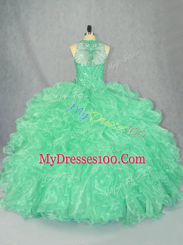 Luxurious Scoop Sleeveless Quinceanera Gowns Floor Length Beading and Ruffles Apple Green Organza