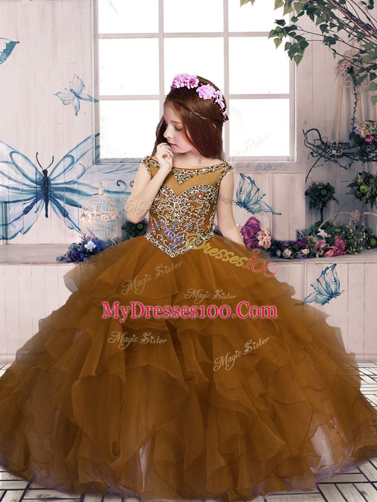On Sale Brown Organza Lace Up Little Girls Pageant Dress Wholesale Sleeveless Floor Length Beading and Ruffles