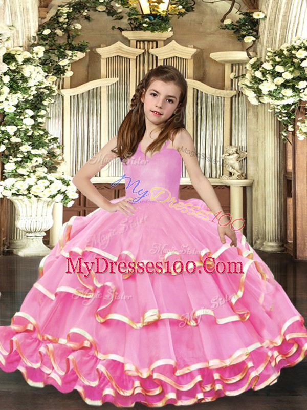 Pink Organza Lace Up Straps Sleeveless Floor Length Little Girl Pageant Dress Beading and Ruffled Layers