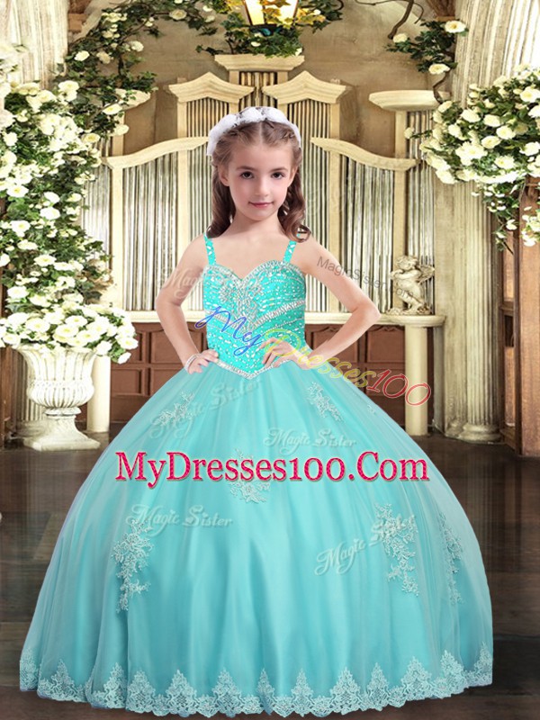 Aqua Blue Pageant Dress for Teens Party and Sweet 16 and Wedding Party with Appliques Straps Sleeveless Lace Up