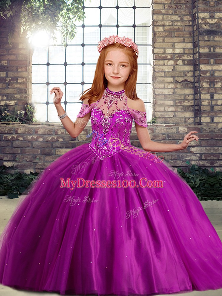 Sleeveless Floor Length Beading Lace Up Kids Pageant Dress with Fuchsia
