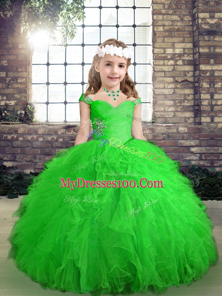 Green Ball Gowns Tulle Straps Sleeveless Beading and Ruffles Floor Length Lace Up Pageant Gowns For Girls